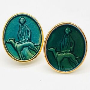 Liz‎ Claiborne Art Deco Woman Dog Green Enamel Clip Earrings